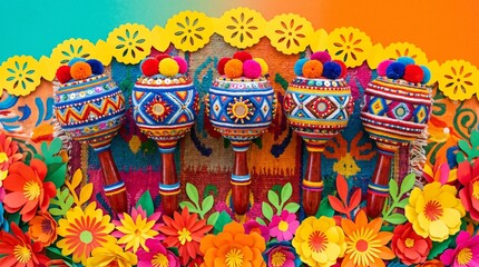 Fototapeta premium Decorative balls with colorful tassels and flowers folk art decorative colorful decoration
