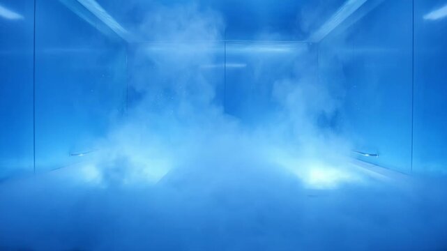 Futuristic cryotherapy chamber with blue ambient lighting and dense white vapor flowing from floor vents creating a therapeutic cold atmosphere video footage