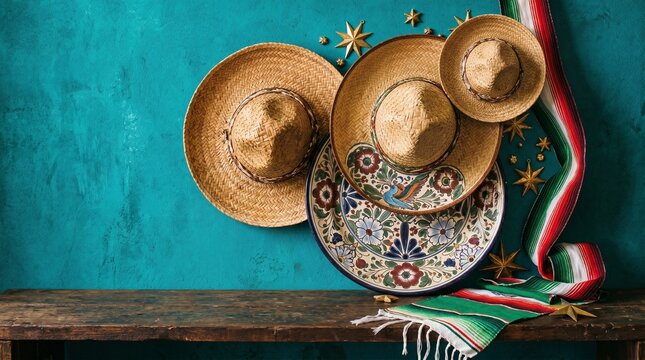 Mexican sombrero hats and serape on wooden bench with straw hat sombrero traditional clothing