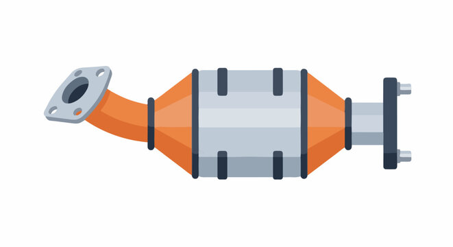 Stylized illustration of a catalytic converter with orange, grey, and black components