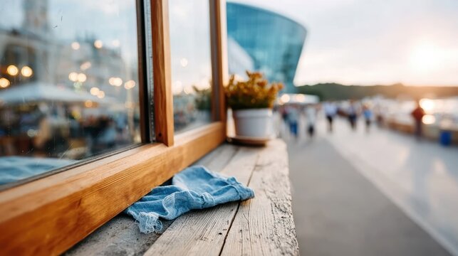An inviting view from a cafe window reveals a sunset-lit waterfront scene with soft-focus details, creating a tranquil and picturesque atmosphere absent of distractions.