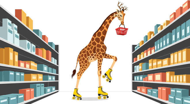 Giraffe on roller skates holding basket.