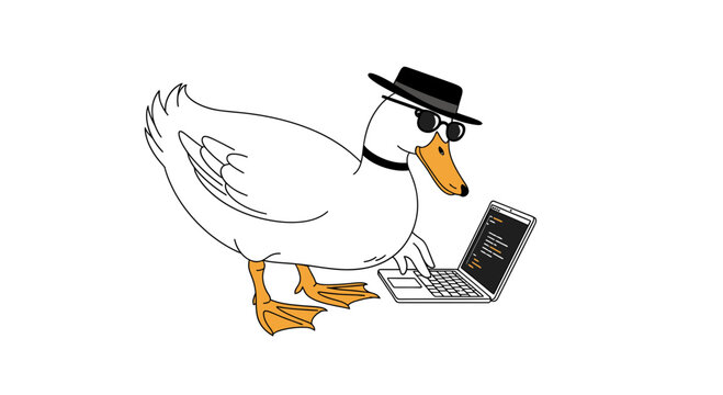 Goose wearing hat and sunglasses computer.