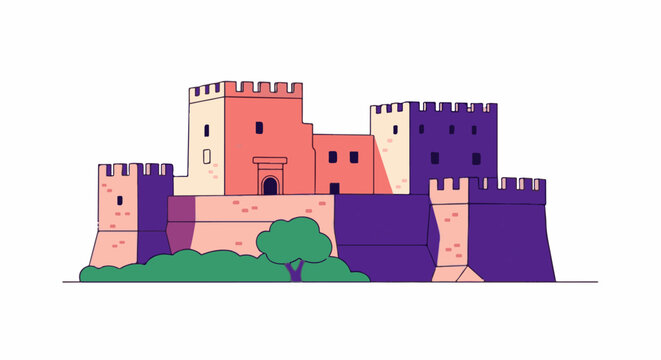 Stylized illustration of a fortified castle with crenellated towers and green shrubbery