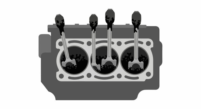 Stylized illustration of a four-cylinder engine block with pistons