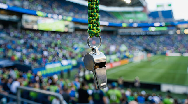 A silver referee whistle hangs from a green paracord lanyard, suspended in the foreground against a blurred stadium background filled with spectators.