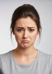 Fototapeta premium Portrait of a Sad Young Woman with a Pouting Facial Expression Looking at Camera on White Background