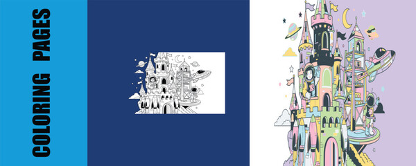 Space castle coloring page featuring astronauts and rockets for kids activity © JAHIDUL STOCK