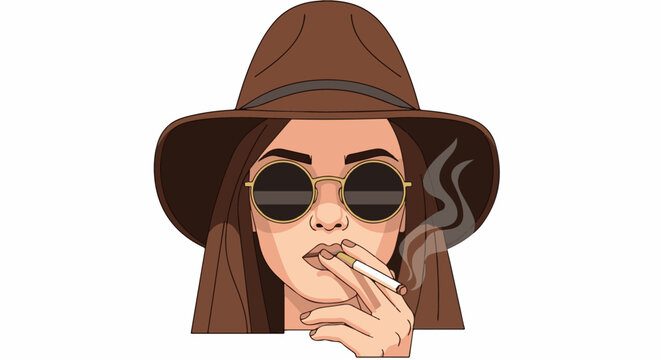 Stylish woman in hat and sunglasses smokes a cigarette, exhaling smoke