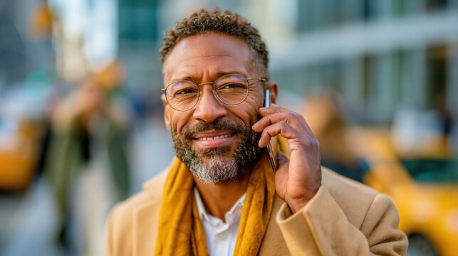 A successful and confident man engaging in a phone call, showcasing his charisma and connection within an urban backdrop and modern lifestyle setting.