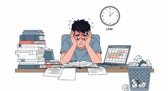 Stressed student studying late at night at 2AM surrounded by books