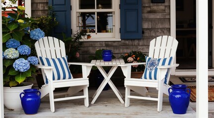White adirondack chairs and table on wooden porch with blue hydrangeas and pots. Coastal cottage outdoor seating area with blue striped cushions and bright blue vases.