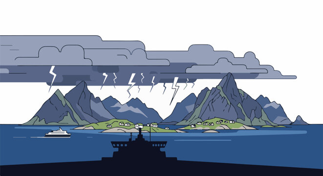Stormy sea and mountains over islands with a ship approaching