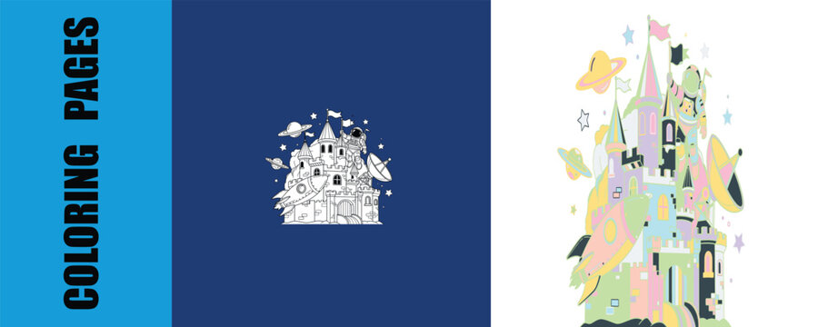 Space castle coloring page featuring astronaut and rocket illustration