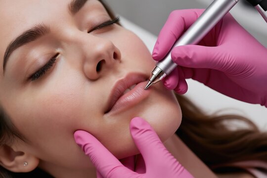 Woman receives cosmetic lip micropigmentation treatment. Specialist uses pen tool for permanent makeup application. Face procedure for beauty and skincare in salon.
