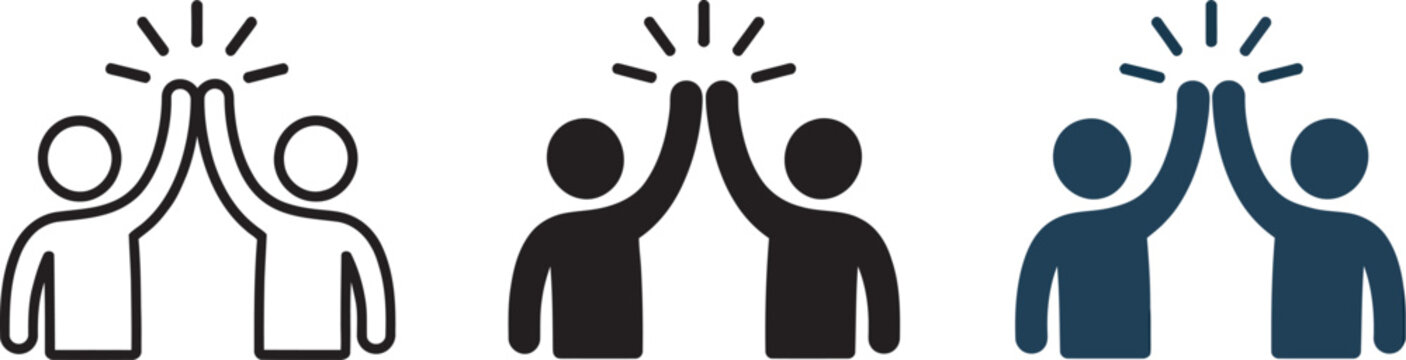 Team, collaboration icon collection showing high five gestures symbolizing partnership, motivation, and shared success suitable for business, HR, and corporate culture graphics.