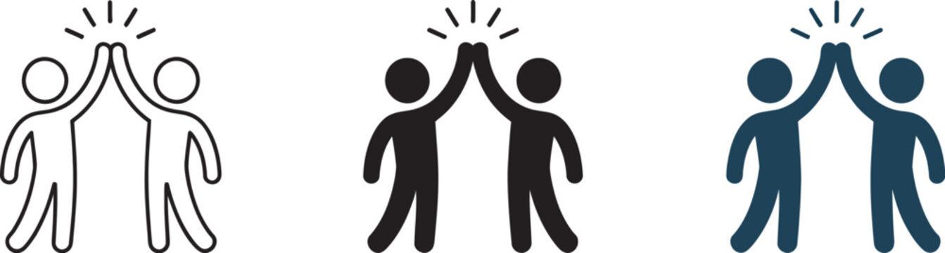 Team, celebration icon set featuring two people giving a high five in outline and solid styles representing teamwork, success, achievement, and positive workplace collaboration in clean vector design.