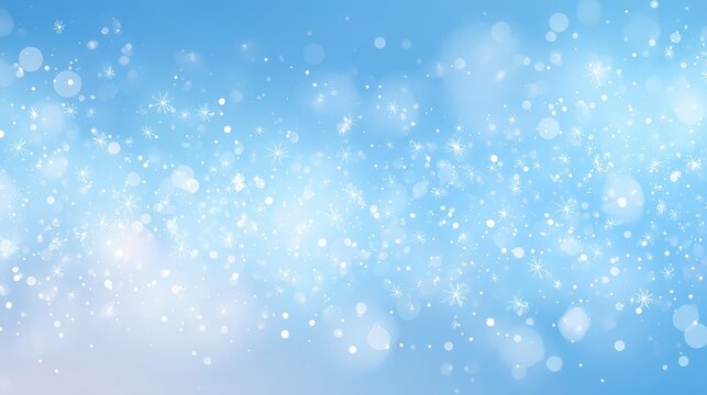 A dreamy blue background with soft bokeh and sparkling white snowflakes gently scattered across the image, abstract cozy background for kids