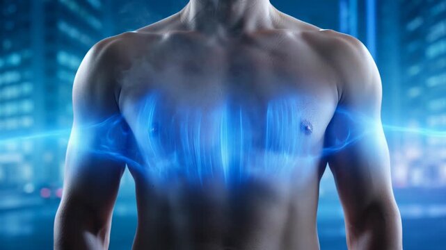 Futuristic muscular male torso with glowing blue energy pulses visualizing internal power and activation in a high-tech cityscape background
