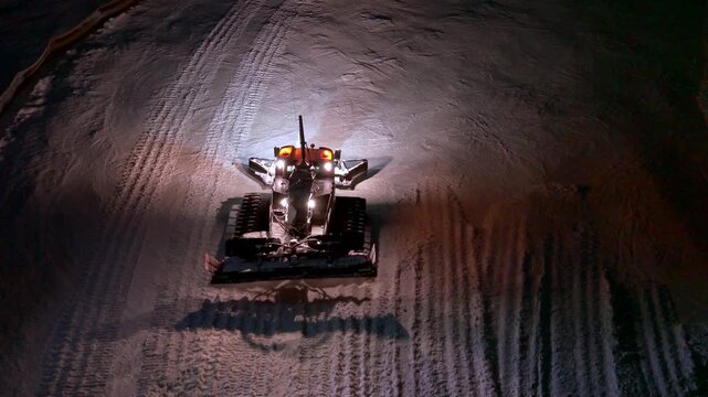 Snow Groomer Landscape. Brightly Lit Snow Grooming Vehicle Smoothing Slope With Detailed Tracks And Textures