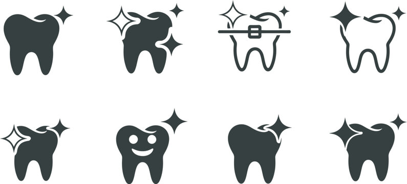 Teeth, dental hygiene icon collection featuring sparkling clean smile symbols representing whitening, oral care, and dental treatment in modern minimalist vector illustration style.