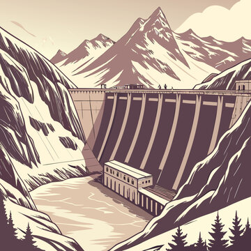 Concrete dam structure in a mountainous landscape a detailed vector illustration with a neutral color palette