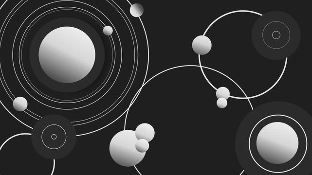 Abstract dark background circular planets and orbit rings minimalist geometric space-themed composition animation