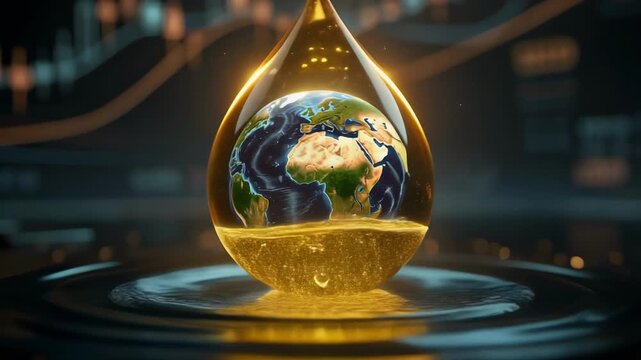 Glowing golden droplet encasing Earth representing global resources and environmental balance