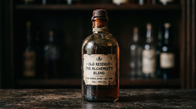 Vintage glass bottle of homemade spirits on wooden table with warm lighting perfect for National Moonshine Day