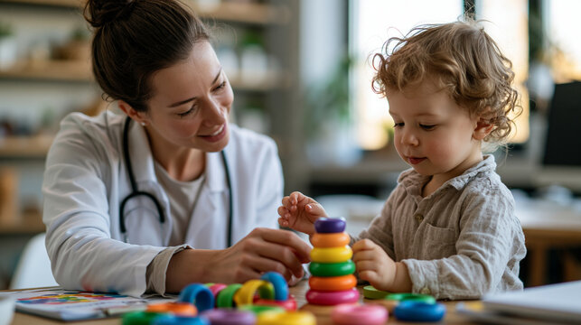 A European pediatric specialist viewed from the side plays softly with a child using calm bright stacking rings during a developmental session in soft daylight stacking rings