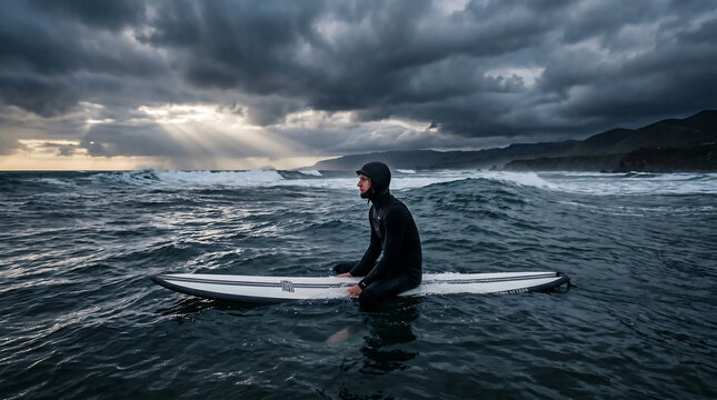A lone surfer waits patiently on his board in the vast ocean as sun rays pierce through dark storm clouds over a distant coastline.