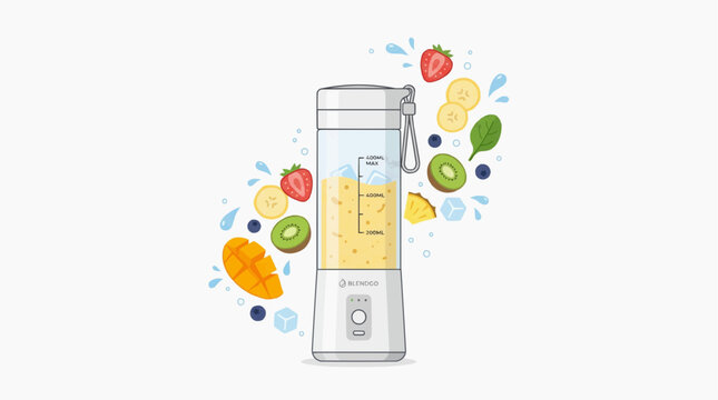 Portable blender with fresh fruits and ice cubes for making healthy smoothies and drinks