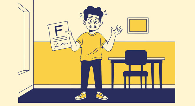 Stressed student holding a failing grade paper with a large F showing academic failure and disappointment a person at school or university showing emotional distress and worry about their