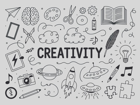 Hand drawn doodle collection featuring the word creativity surrounded by of a brain lightbulb rocket ship ufo camera open book paper airplane pencil scissors puzzle pieces and musical notes