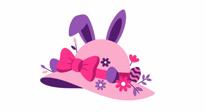 A festive pink Easter hat adorned with bunny ears, a big bow, and floral accents