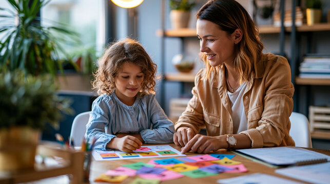 A European pedagogical specialist viewed from above conducts a soft phonics lesson with a child using bright sound cards in calm daylight phonics lesson faceless top view