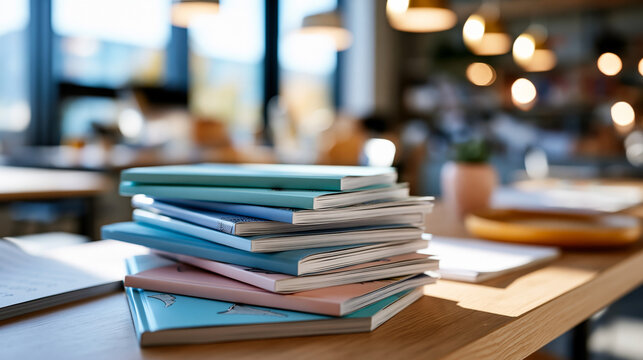 A close up of soft early learning workbooks rests on a bright sunny classroom desk in calm daylight learning workbooks faceless still softly defocused backdrop modern
