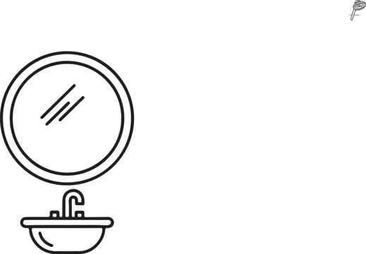 Line art illustration of a bathroom sink with a faucet and a round mirror white background bathroom plumbing reflection washbasin appliance equipment sanitary domestic household