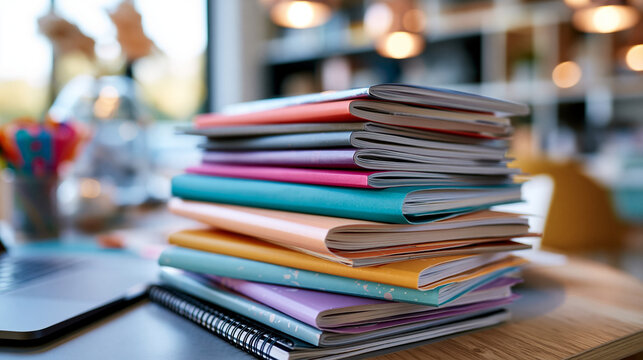 A close up of soft early learning workbooks rests on a bright sunny classroom desk in calm daylight learning workbooks faceless still softly defocused backdrop modern