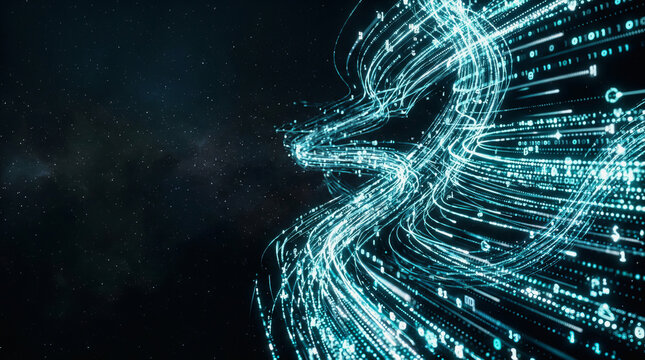Abstract digital data stream forming a glowing human head silhouette against a dark cosmic background, symbolizing artificial intelligence and technology.