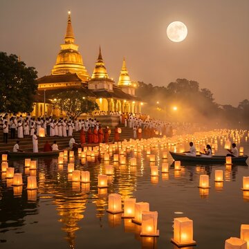 Lantern release on water at dusk with temple, Loy Krathong festival