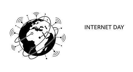 A black and white graphic illustration of a globe surrounded by orbiting wireless internet connection symbols. © Shal_Kafa_Alfattah
