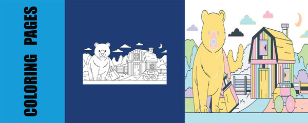 Cute bear coloring page with farm barn scene for creative kids activity © JAHIDUL STOCK