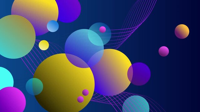 Abstract background with overlapping colorful gradient spheres and thin wavy lines animation