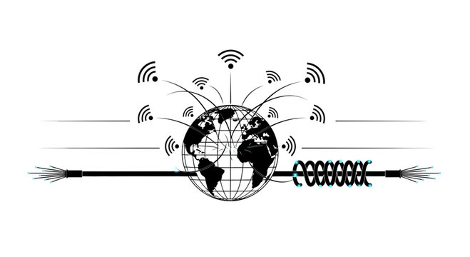 Global communication network illustration featuring a globe with wireless signals and fiber optic cables.