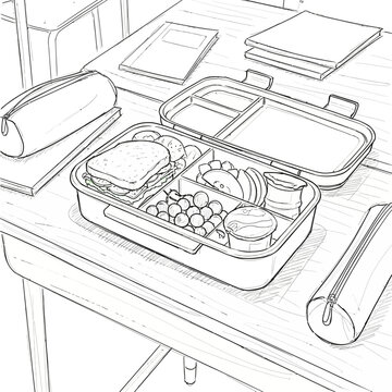 Detailed monochrome sketch of a bento box lunch on a school desk with study materials, a healthy prepared meal with sandwich, fruit, and yogurt