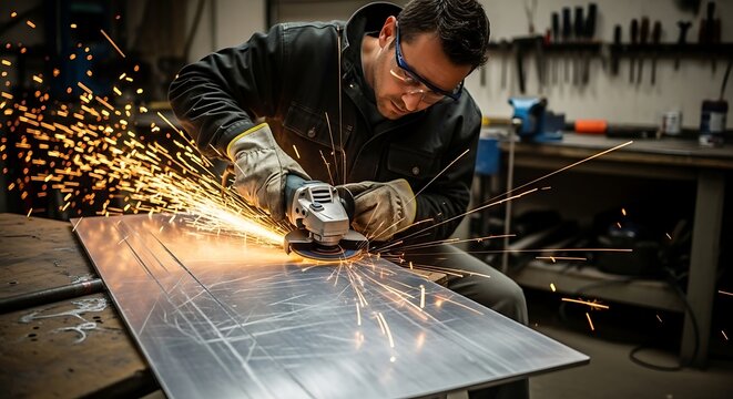 Skilled worker grinds metal sheet with angle grinder, sending sparks flying