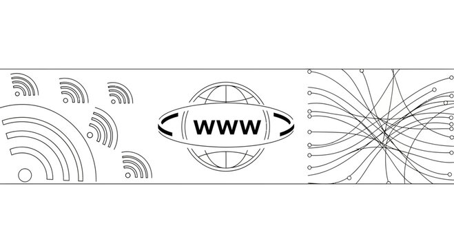 A conceptual illustration featuring icons for wireless connectivity the world wide web and complex network data flow.