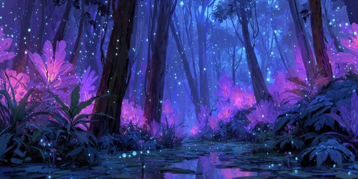 an alien jungle, with glowing plants and trees, in a vibrant purple and blue color palette
