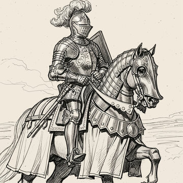 A detailed sketch of a medieval knight in full armor riding a horse, showcasing historical warfare and chivalry